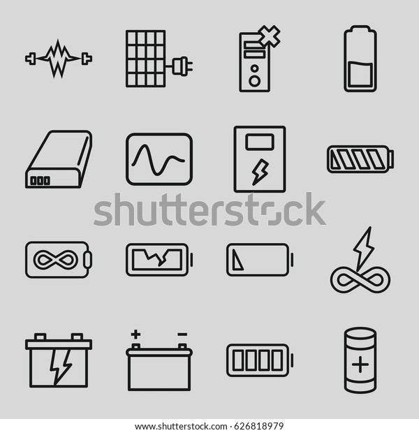 Battery icons set. set of 16 battery outline\
icons such as solar panel,\
electricity