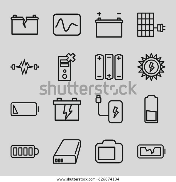 Battery icons set. set\
of 16 battery outline icons such as baterry, camera display, solar\
panel, electricity