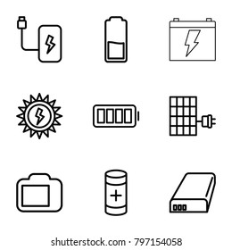 Battery icons. set of 9 editable outline battery icons such as camera display