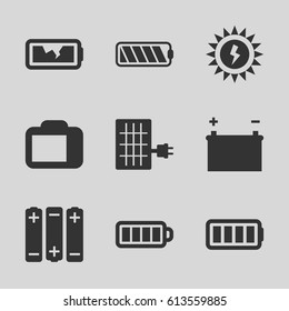 Battery icons set. set of 9 battery filled icons such as baterry, camera display