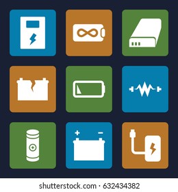 Battery icons set. set of 9 battery filled icons such as