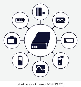 Battery icons set. set of 9 battery filled icons such as baterry, camera display, solar panel, electricity