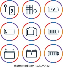 Battery icons set. set of 9 battery outline icons such as baterry, camera display