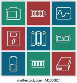 Battery icons set. set of 9 battery outline icons such as baterry, camera display