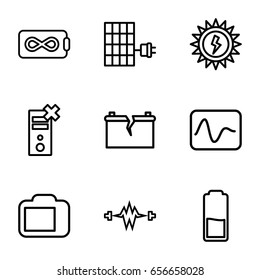 Battery icons set. set of 9 battery outline icons such as camera display, solar panel, electricity