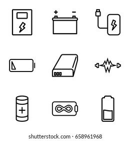 Battery icons set. set of 9 battery outline icons such as