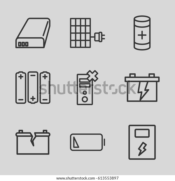 Battery icons set. set of 9 battery outline icons\
such as solar panel