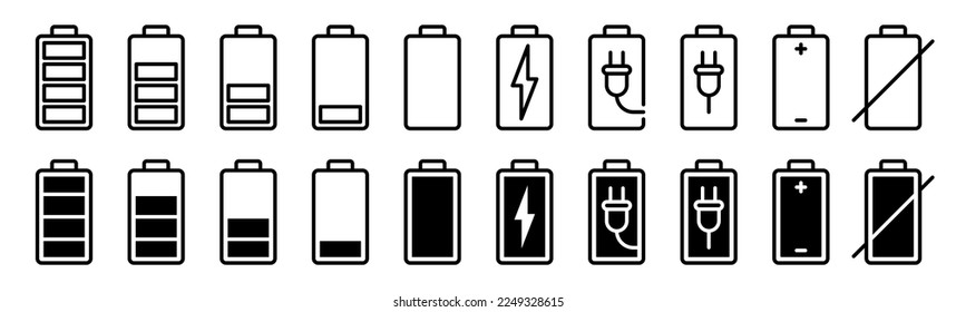 Battery icons set. Alkaline battery capacity charge icon. Battery energy level. Battery charge icon set.  Charging  indicator vector icon. EPS 10