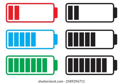 Battery icons set, black battery, charging battery icons