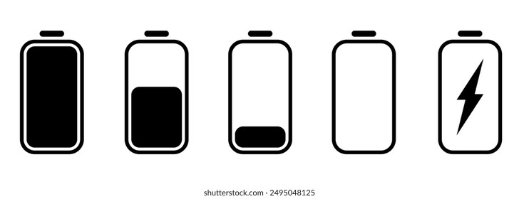 Battery icons set of black color on isolated background. Battery charge icon. Vectore.