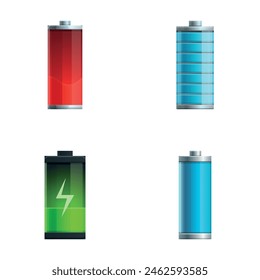 Battery icons set cartoon vector. Battery with different level of charge. Electric power accumulator