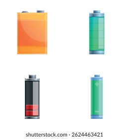 Batteriesymbole setzen Cartoon-Vektor. Metallbatterie und Akkumulator. Energiequelle für ein elektrisches Gerät