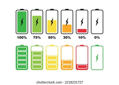 Juego de iconos de la batería. Conjunto de indicadores de nivel de carga de la batería. Ajuste la batería con un nivel de carga diferente. Nivel de energía. Teléfono inteligente con batería descargada y totalmente cargada. Ilustración del vector
