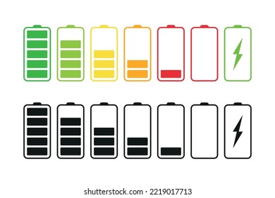 Akkusymbole gesetzt. Set von Füllstandsanzeigern für die Akkuladung. Stellen Sie den Akku mit unterschiedlicher Ladungsebene ein. Level Energy. Geschütztes und voll aufgeladenes Smartphone mit Batterie. Vektorgrafik