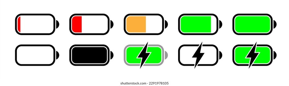 Battery icons set. Battery charge level indicators icons set. Discharged and fully charged battery. level battery energy. Vector illustration 10 eps.