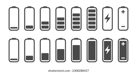 Battery icons set. Battery charge level. Charging icon. Vector outline illustration in flat style