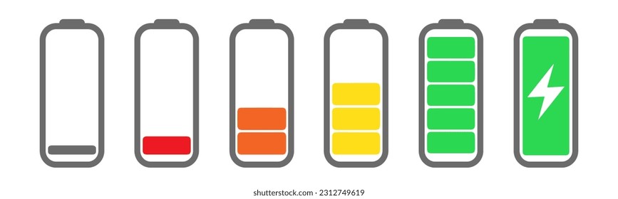 Battery icons set. Battery charge level. Charging icon. Vector outline illustration in flat style