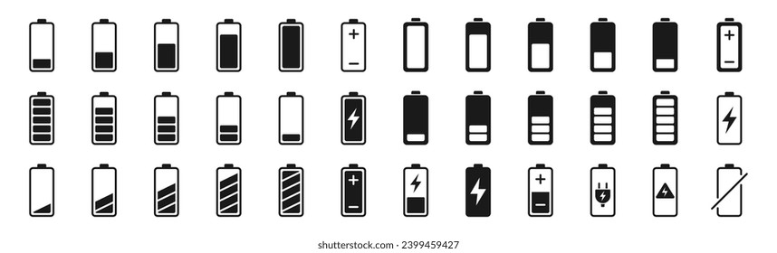 Battery icons set. Set of battery charge. Level battery energy. Vector illustration.