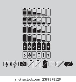 Juego de iconos de la batería. Iconos de indicadores de nivel de carga de la batería. Batería descargada y totalmente cargada. nivel de energía de la batería. Ilustración del vector