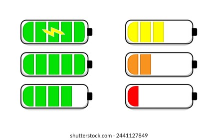 Conjunto de iconos de batería. Nivel de carga de la batería. Icono de carga. Ilustración de contorno vectorial en estilo plano