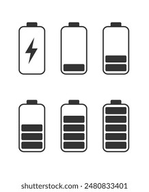 Batteriesymbole gesetzt. Abbuchung des Akkus. Symbol "Aufladen". Gliederungsanzeige der Vektorgrafik im flachen Stil