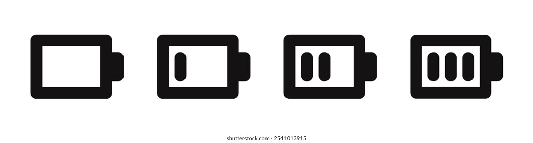 Conjunto de iconos de batería. Nivel de Recargo, indicador de carga, energía, capacidad de la batería alcalina. Ilustración vectorial.