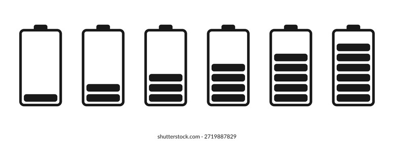 Battery icons set. Battery charge level indicators icons set. Discharged and fully charged battery. Level battery energy. Vector illustration