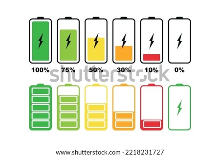 Battery icons set. Set of battery charge level indicators. Set battery with different level of charge. Level energy. Discharged and fully charged battery smartphone. Vector illustration
