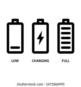 Battery icons set. Battery charge 
from low to high. Stroke outline style. Vector. Isolate on white background.