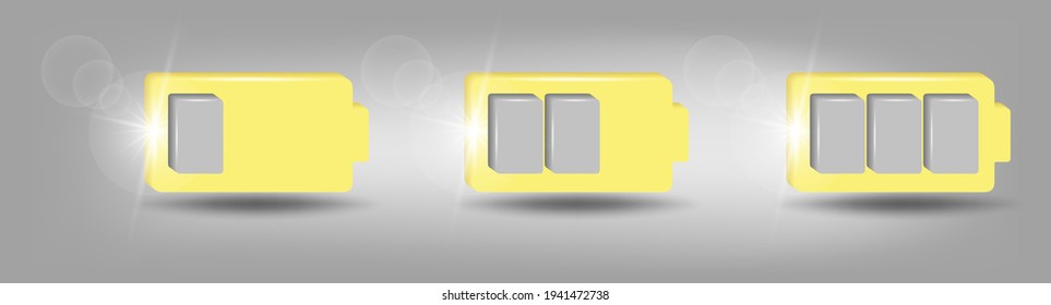 Battery icons set. Battery charging charge indicator icon. level battery energy. 3d vector illustration in yellow - gray colors.