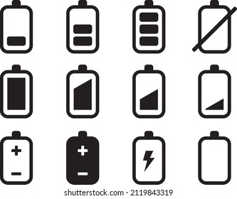 Battery icons set. Battery charging charge indicator icon. Level battery energy. Black flat icons.