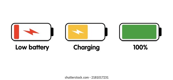 Battery icons set. Battery charging charge indicator icon. Level battery energy. Flat style, stock vector