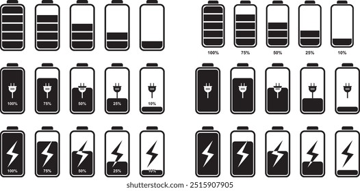 Battery icons set. Battery charging charge indicator icon. level battery energy. battery capacity charge icon. Flat style - stock vector.