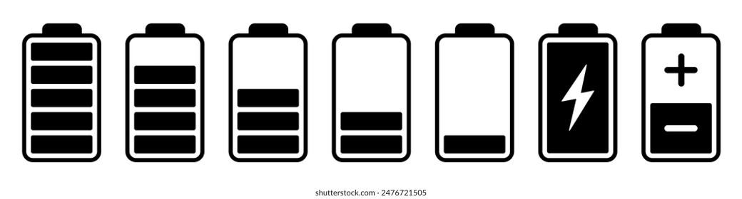 Battery icons set. Battery charging, energy, alkaline, electricy.