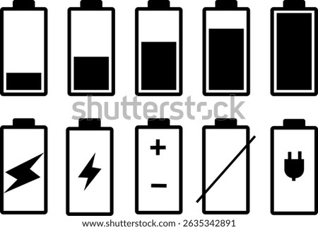 Battery icons set. Battery Charging Icon symbol, Set of 5 outline icons  battery, charger, Battery indicator symbols,Isolated on white background
