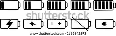 Battery icons set. Battery Charging Icon symbol, Set of 5 outline icons  battery, charger, Battery indicator symbols,Isolated on white background
