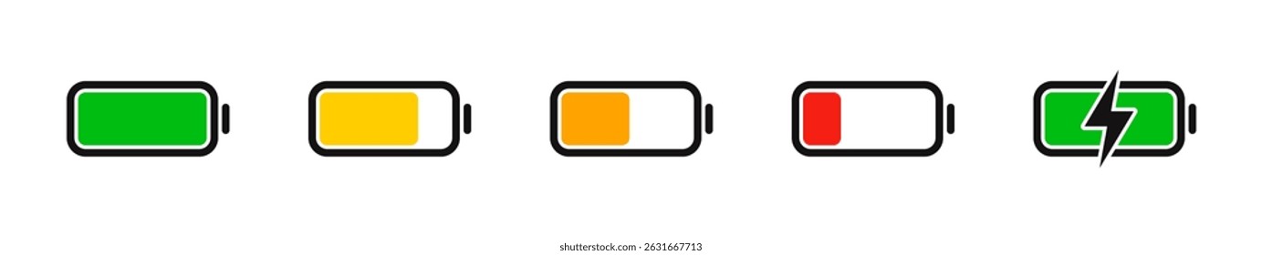 Battery icons set. Battery charging indicator, level battery energy, alkaline battery capacity charge symbol. Vector illustration.