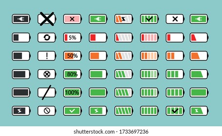 Battery icons set. Charging level batteries charge indicator, alkaline tags rechargeable levels. Full, low and empty battery. Vector.
