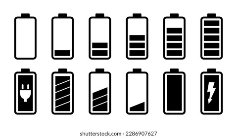 Battery Icons set. Battery charging level symbols or icons vector illustration, charging point,  battery low sign, Battery charge indicator icons.