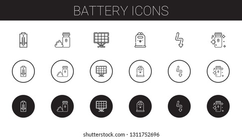 battery icons set. Collection of battery with electric razor, solar panel, paper bin, flash. Editable and scalable battery icons.