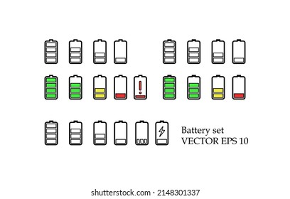 Battery icons set, color and outline icons icolated on a white background. Vector EPS 10.
