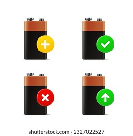 Battery icons set with different pictograms. 3d vector icons set
