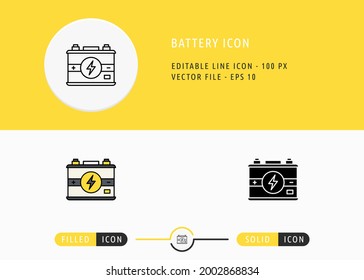 Iconos de la batería establecen la ilustración del vector de trazo editable. Símbolo de recurso de energía. Estilo de línea de iconos en un fondo aislado para la aplicación móvil, el diseño web y la presentación.