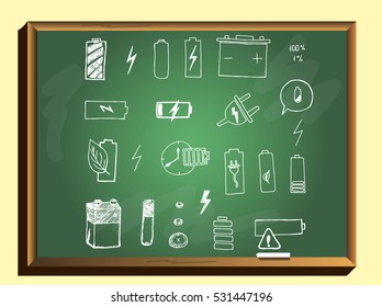 Battery icons set. Electronic power. Portable battery.  Doodle draw. Vector illustration on chalkboard background