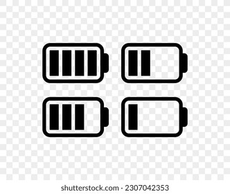 Battery icons set. High quality black style vector icons. Baterry charge indicator 100, 75, 50, 25%. Batery level, energy, full. Power low up status batteries logo.