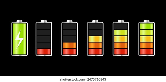 Batteriesymbole gesetzt. Hochwertige schwarze Stil Vektor-Symbole. Anzeige der Abbuchung des Akkus. Batteriestand, Energie, voll