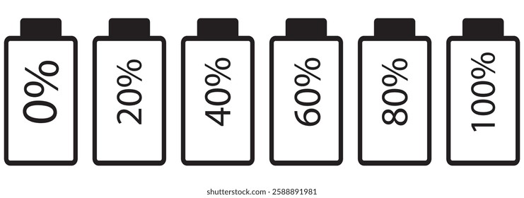 Battery icons set. High quality black style vector icons. Baterry charge indicator. Batery level, energy, full. Power low up status batteries logo. 