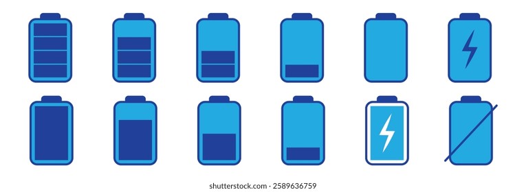 Battery icons set. High quality black style vector icons. Battery charge indicator. Battery level, energy, full. Power low up status batteries logo.