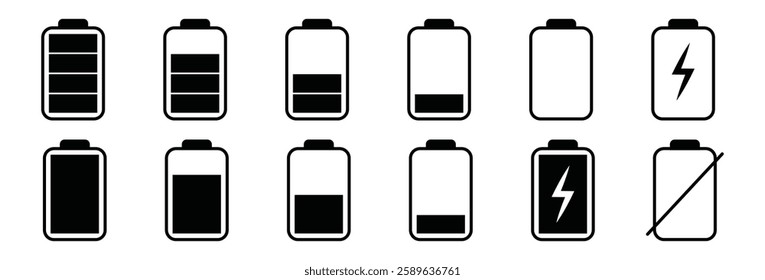 Battery icons set. High quality black style vector icons. Battery charge indicator. Battery level, energy, full. Power low up status batteries logo.
