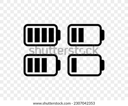 Battery icons set. High quality black style vector icons. Baterry charge indicator 100, 75, 50, 25%. Batery level, energy, full. Power low up status batteries logo.